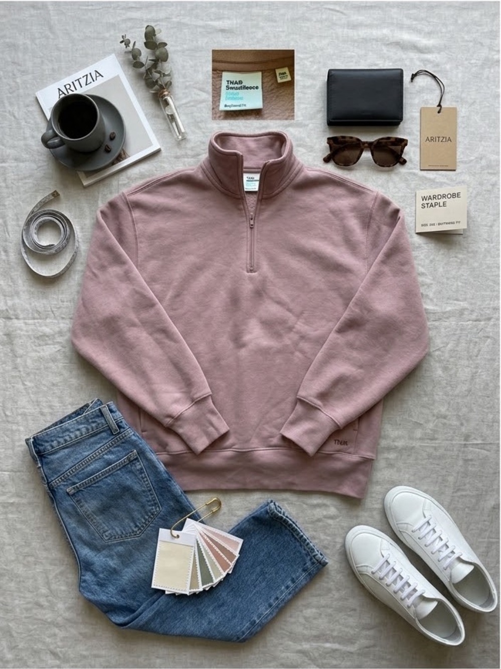 Aritzia TNA Cozy Fleece Boyfriend 1/4 Zip Sweatshirt -Mauve / Pink - 2XS